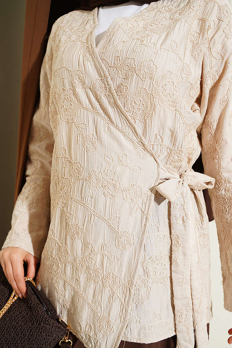 Floral Embroidered Kimono with Tie - Beige