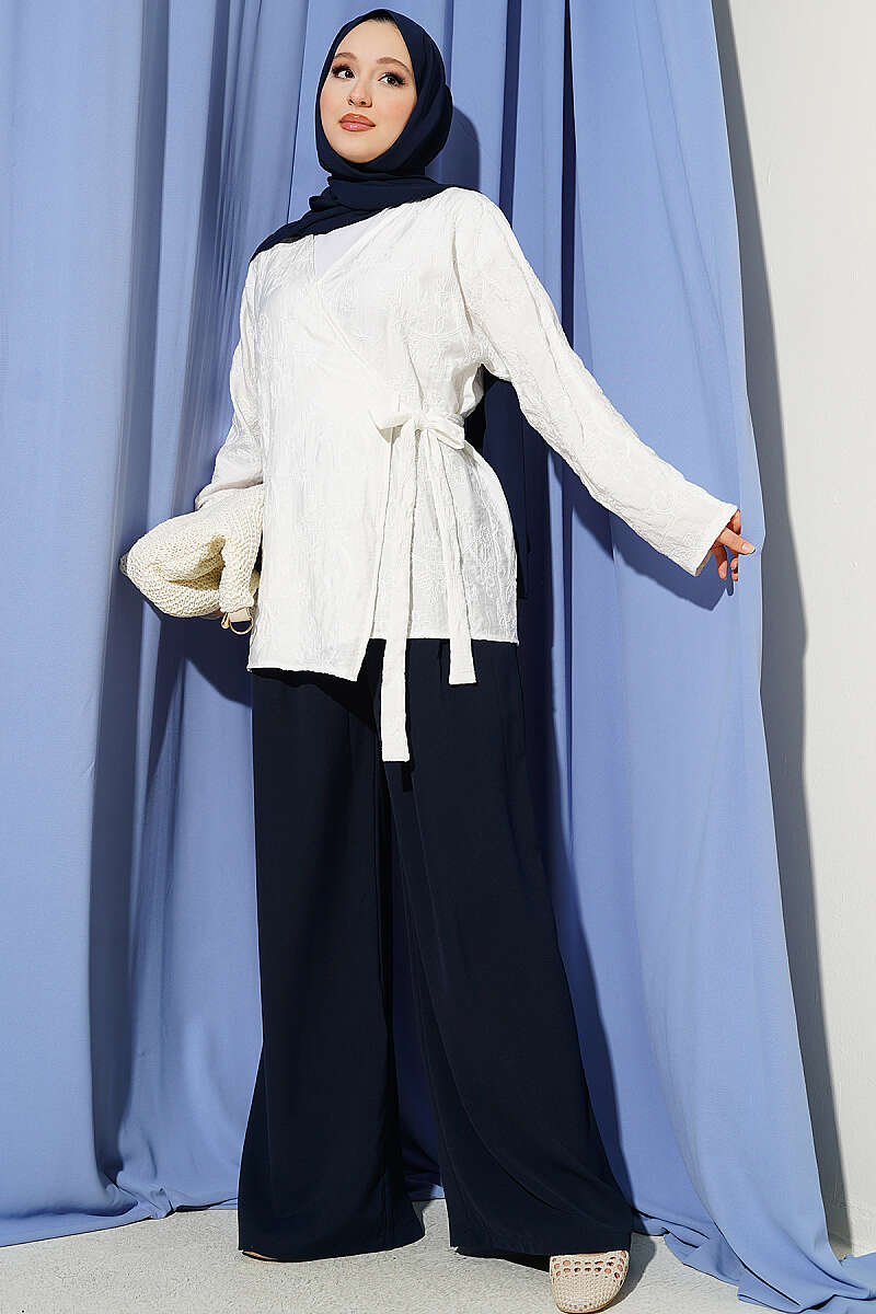 Floral Embroidered Kimono with Tie - White