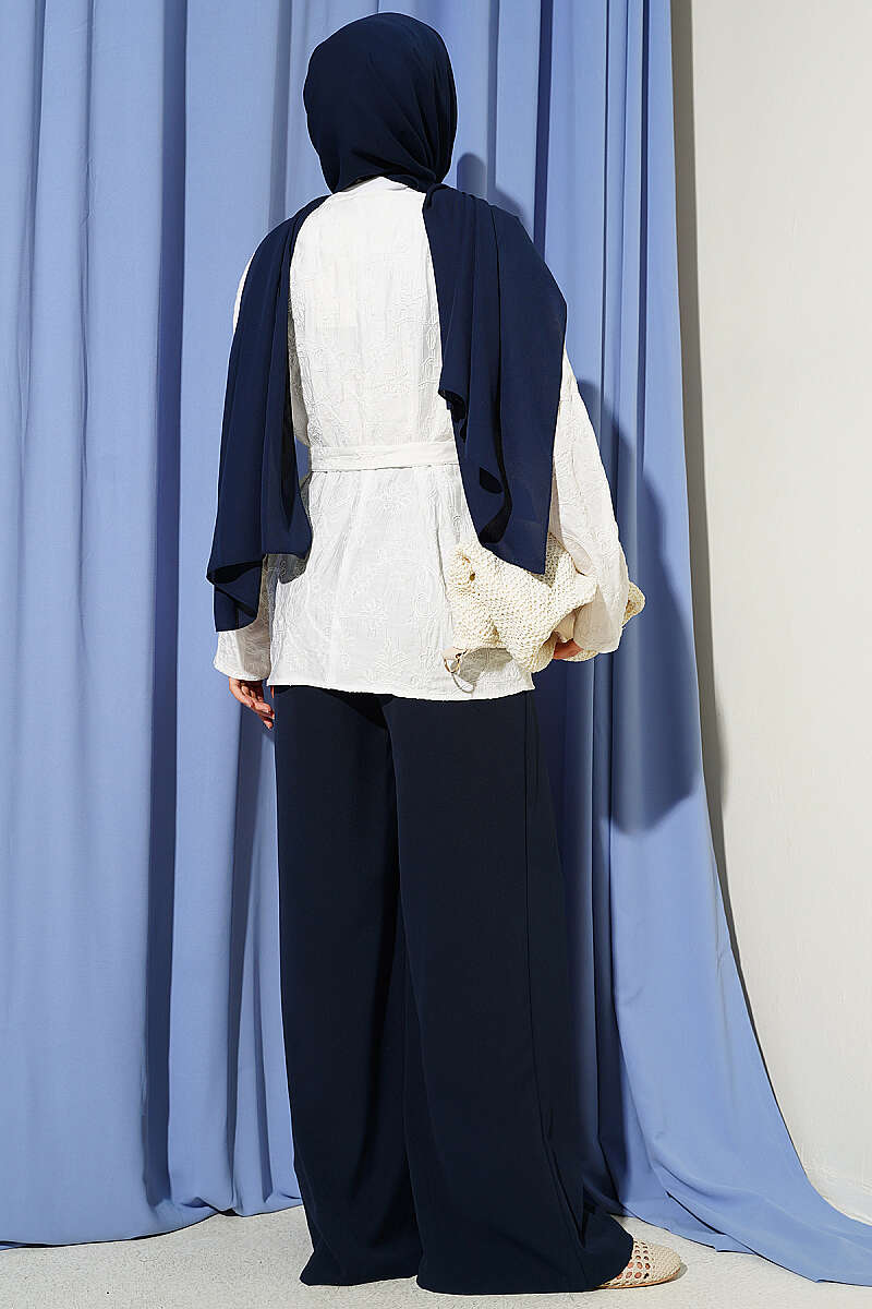 Floral Embroidered Kimono with Tie - White