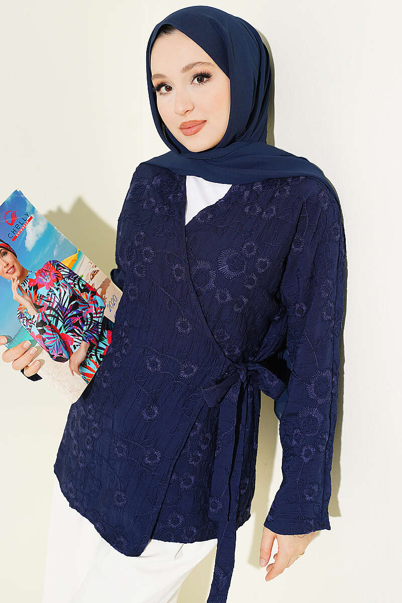 Floral Embroidered Kimono with Tie - Navy
