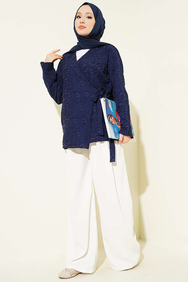 Floral Embroidered Kimono with Tie - Navy
