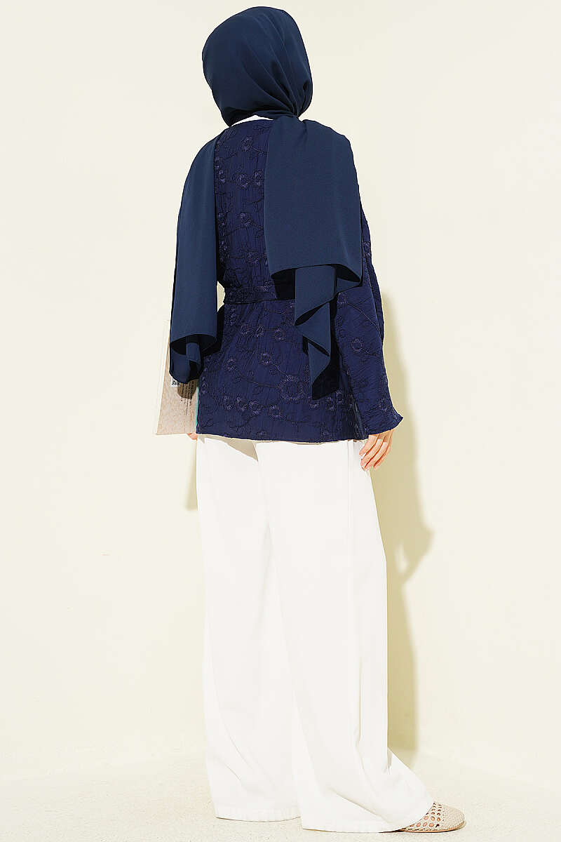 Floral Embroidered Kimono with Tie - Navy