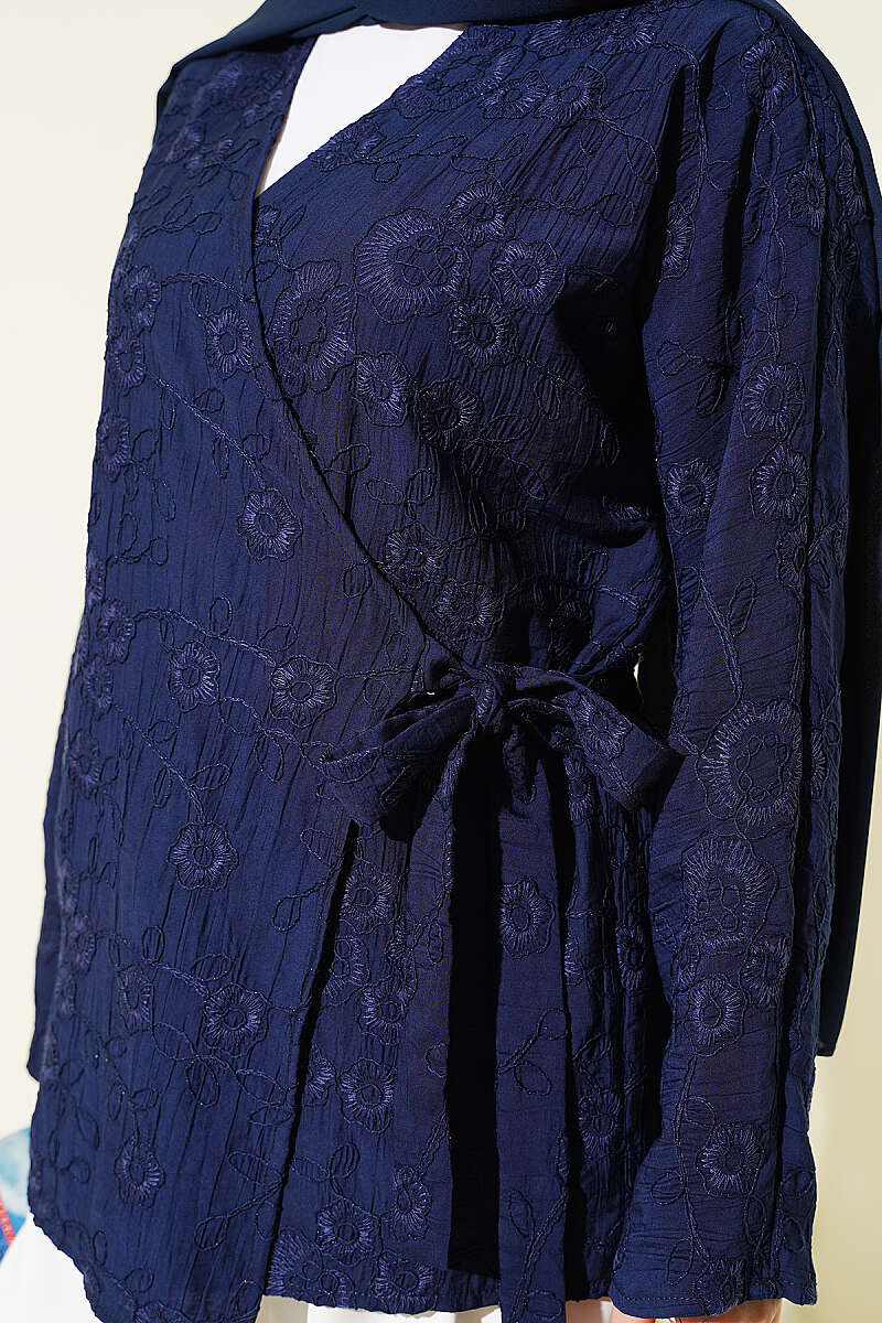 Floral Embroidered Kimono with Tie - Navy