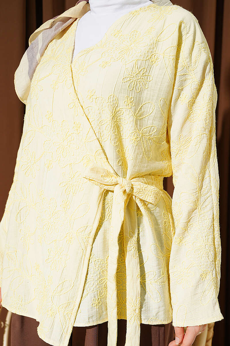 Floral Embroidered Kimono with Tie - Yellow