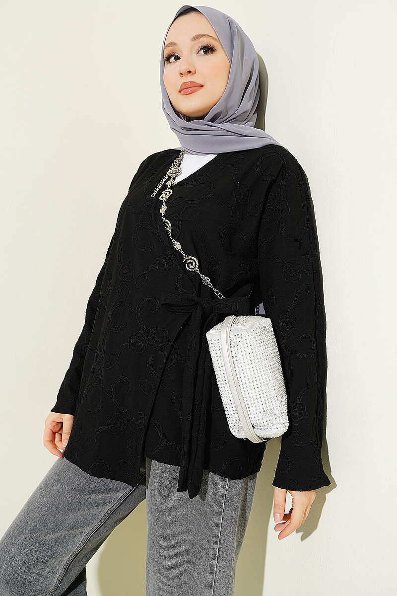 Floral Embroidered Kimono with Tie - Black