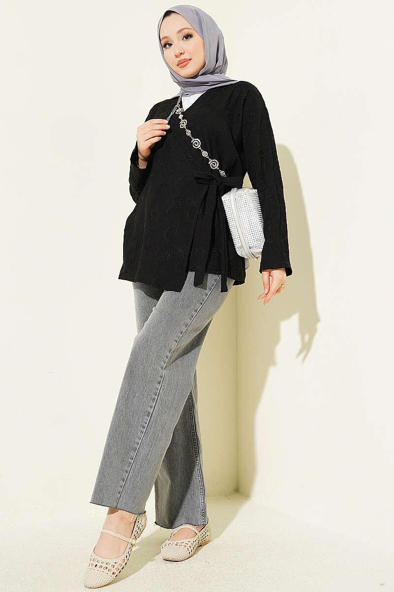 Floral Embroidered Kimono with Tie - Black