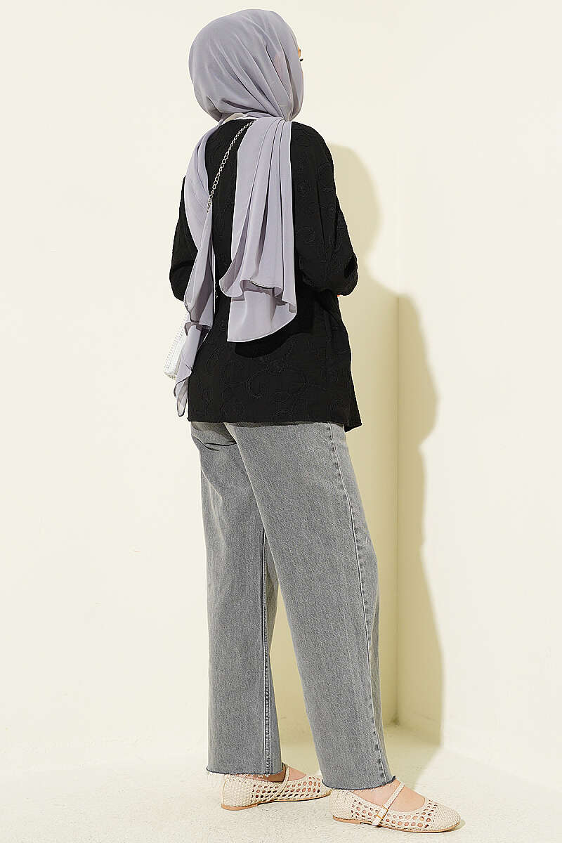 Floral Embroidered Kimono with Tie - Black
