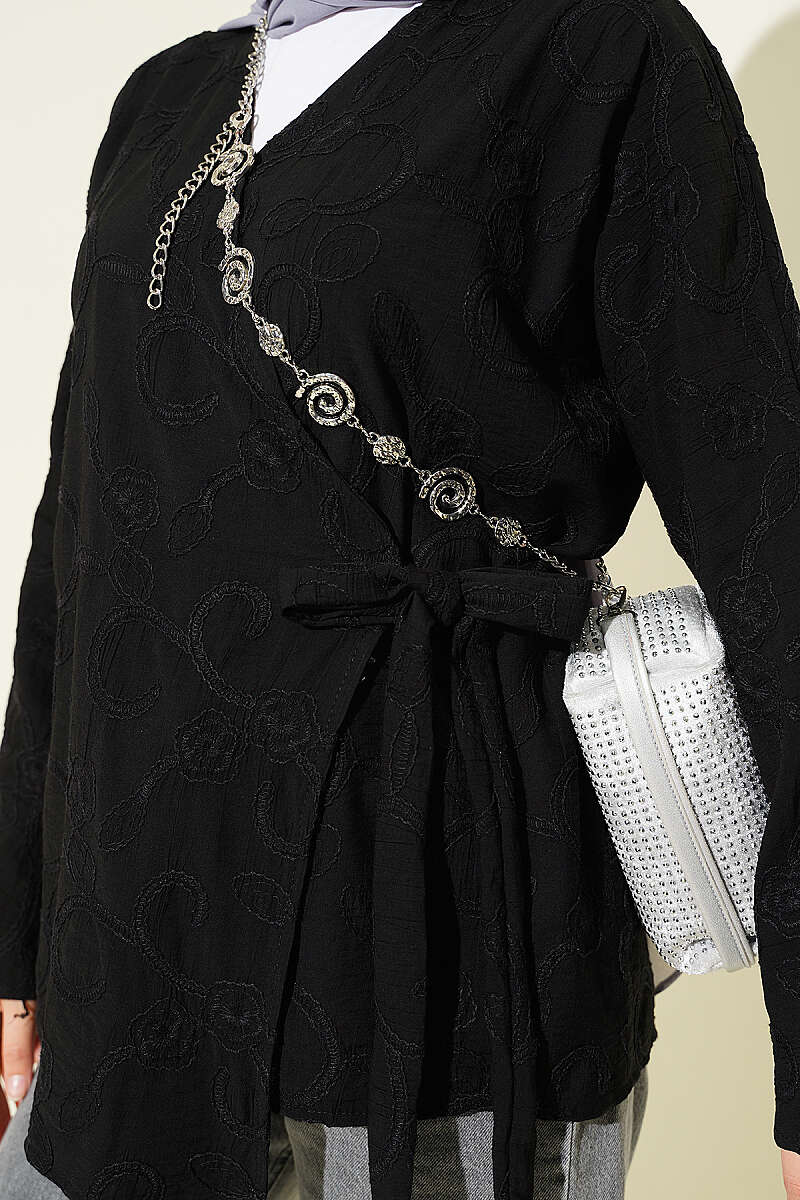 Floral Embroidered Kimono with Tie - Black