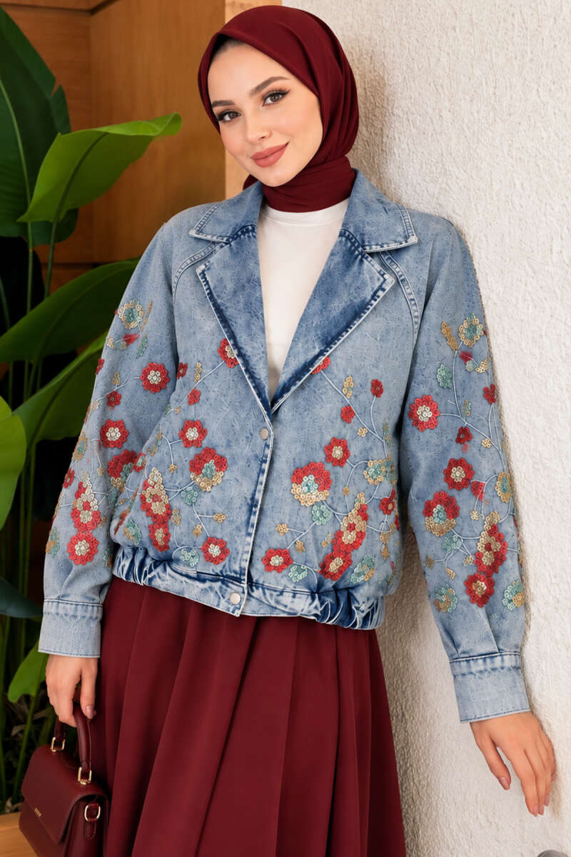 Floral Embroidered Bomber Jacket - Denim Blue
