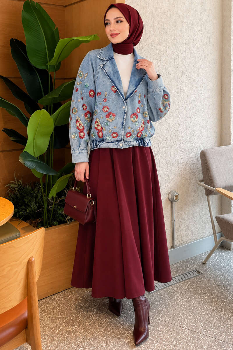 Floral Embroidered Bomber Jacket - Denim Blue
