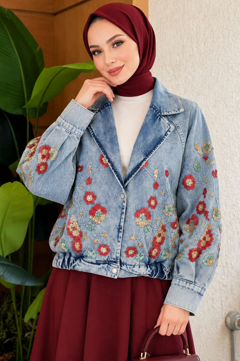 Floral Embroidered Bomber Jacket - Denim Blue