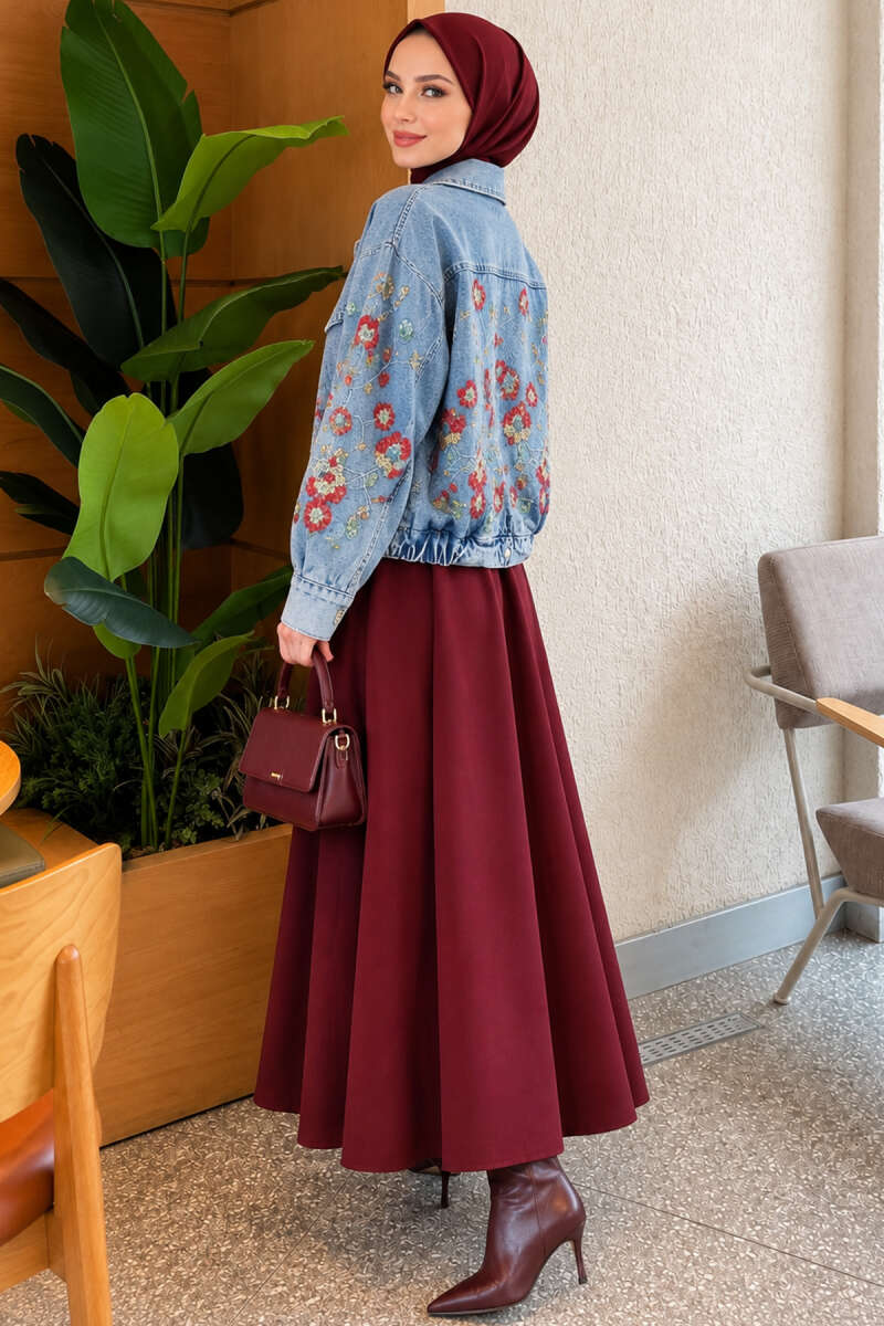 Floral Embroidered Bomber Jacket - Denim Blue