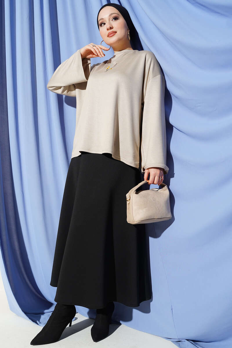 Floral Embroidered Jersey Blouse - Beige