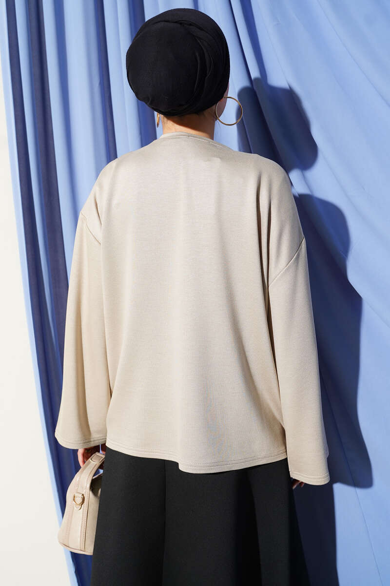 Floral Embroidered Jersey Blouse - Beige