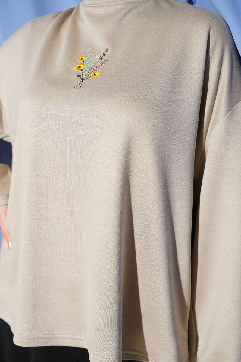Floral Embroidered Jersey Blouse - Beige