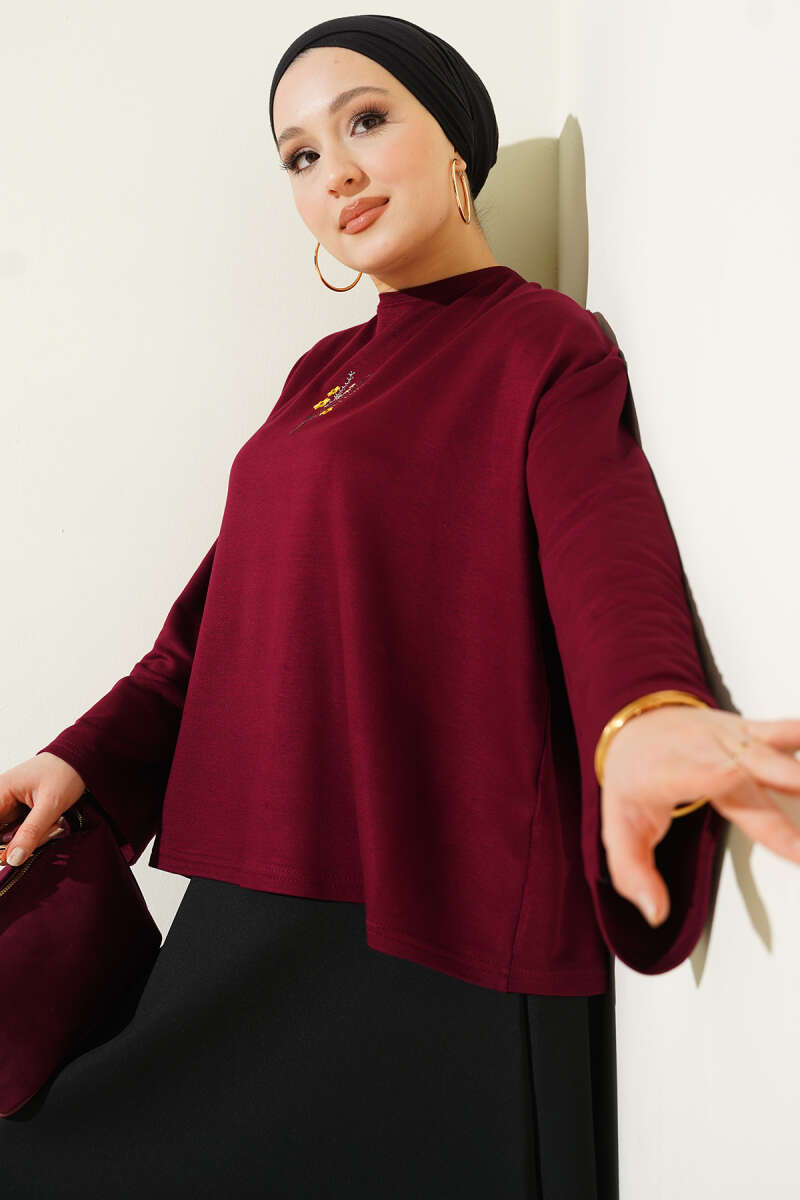 Floral Embroidered Jersey Blouse - Burgundy