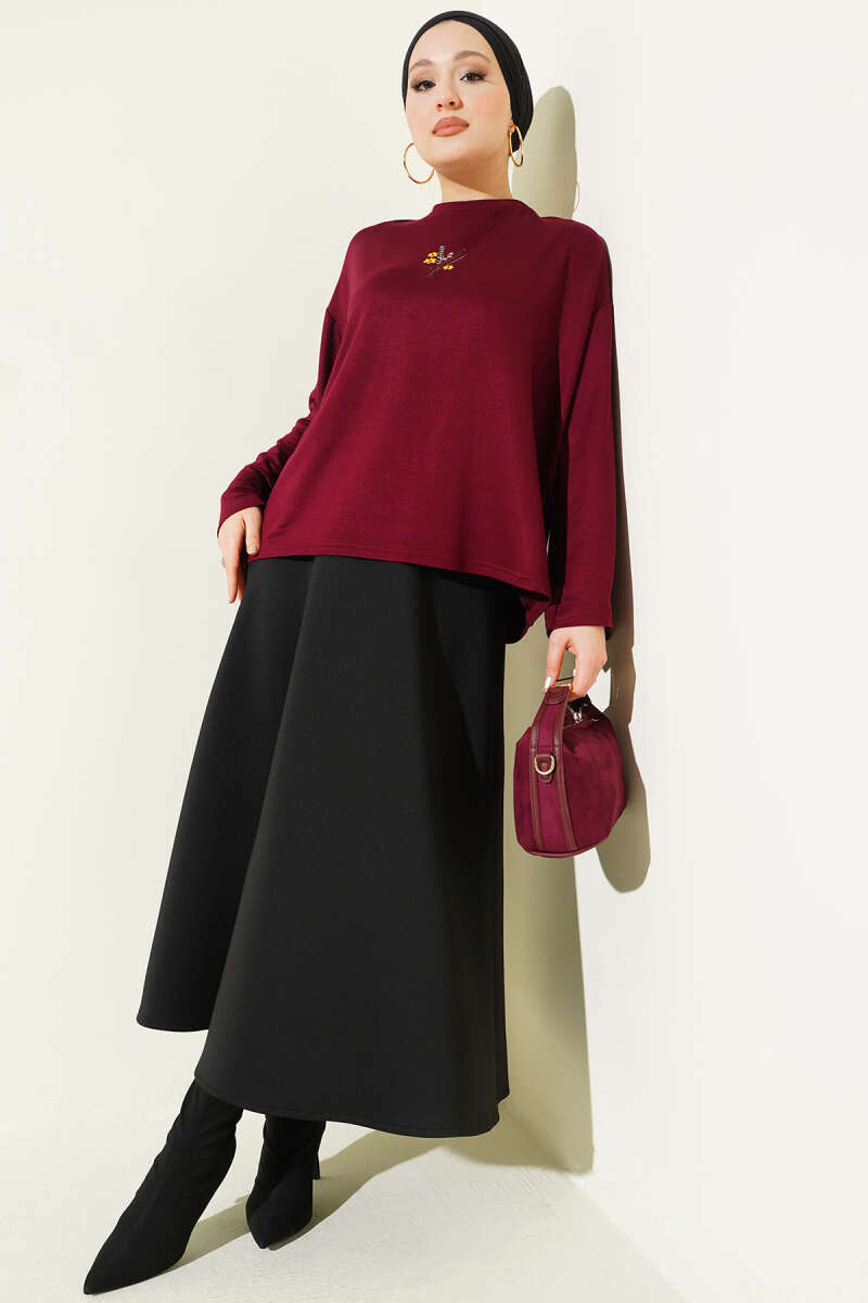 Floral Embroidered Jersey Blouse - Burgundy
