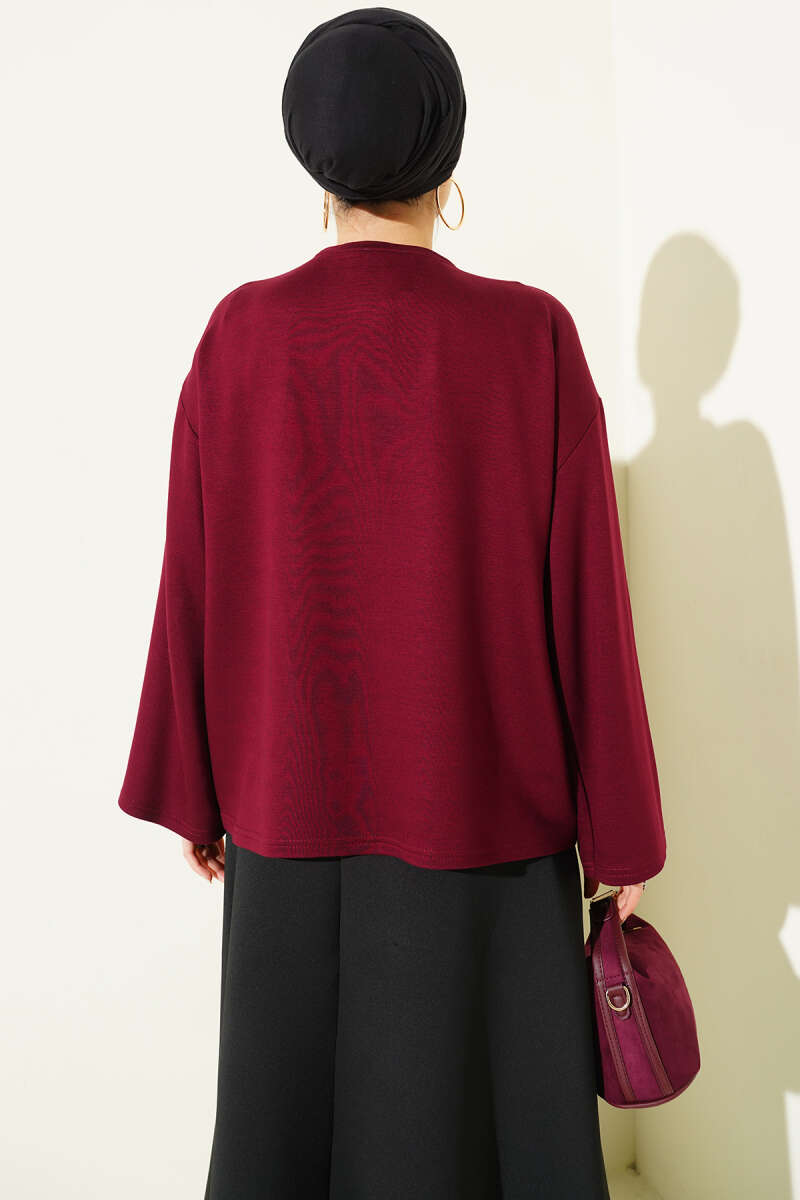 Floral Embroidered Jersey Blouse - Burgundy