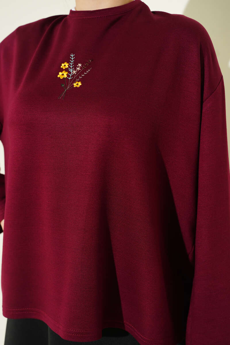 Floral Embroidered Jersey Blouse - Burgundy