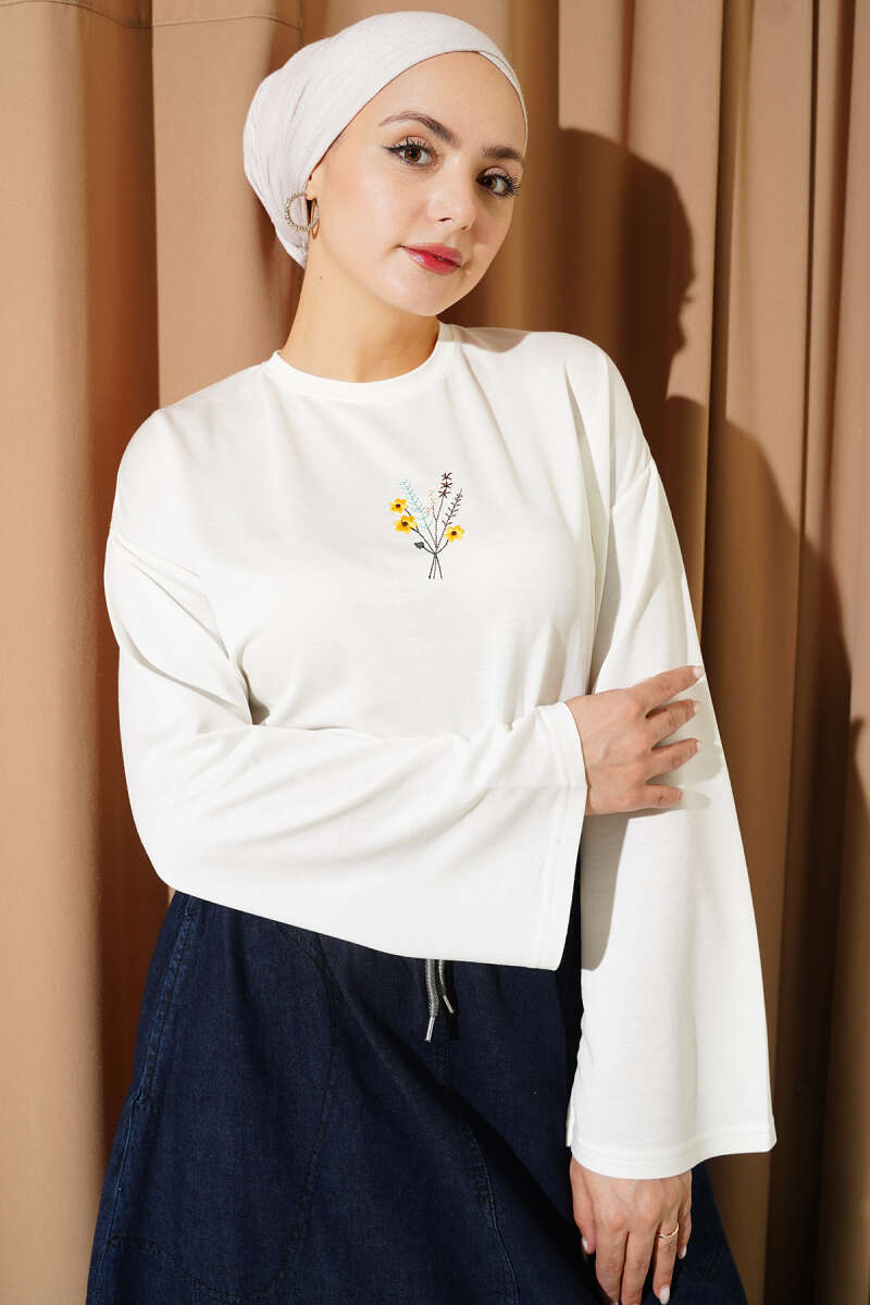 Floral Embroidered Jersey Blouse - Ecru