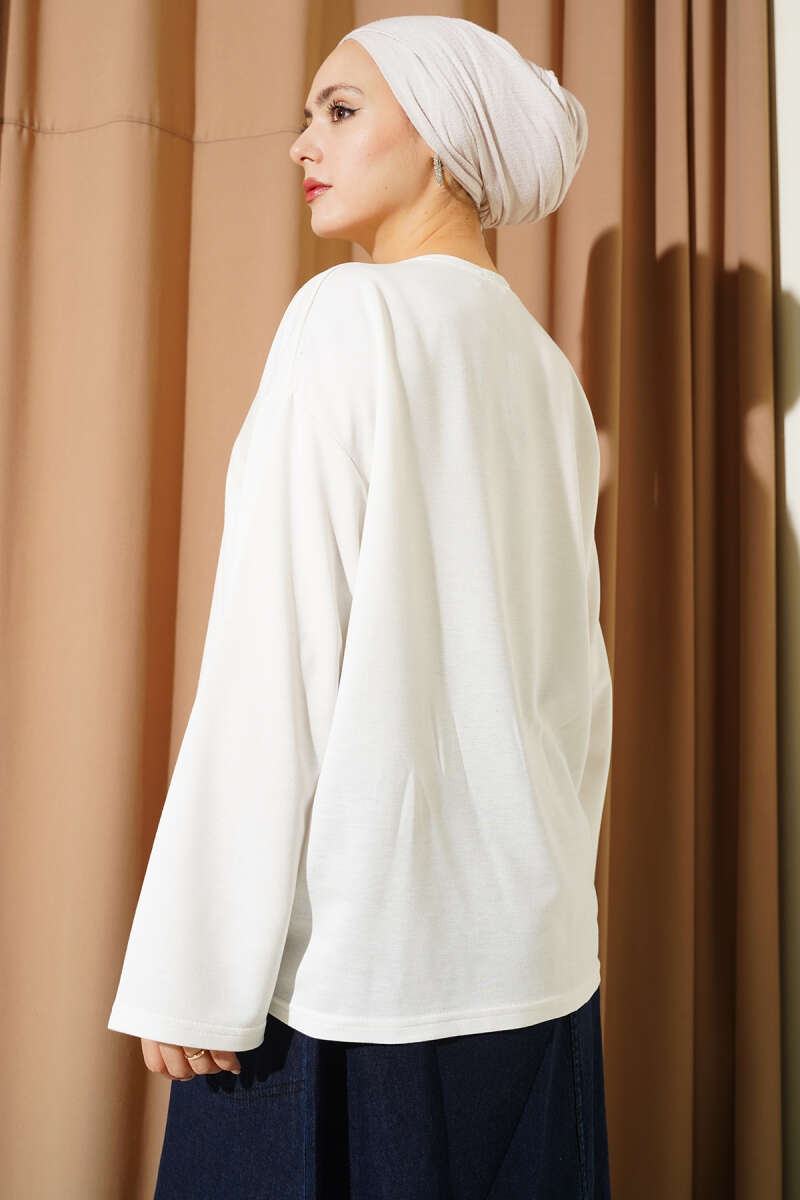 Floral Embroidered Jersey Blouse - Ecru