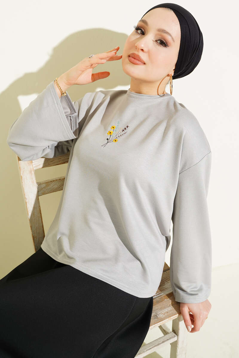 Floral Embroidered Jersey Blouse - Grey