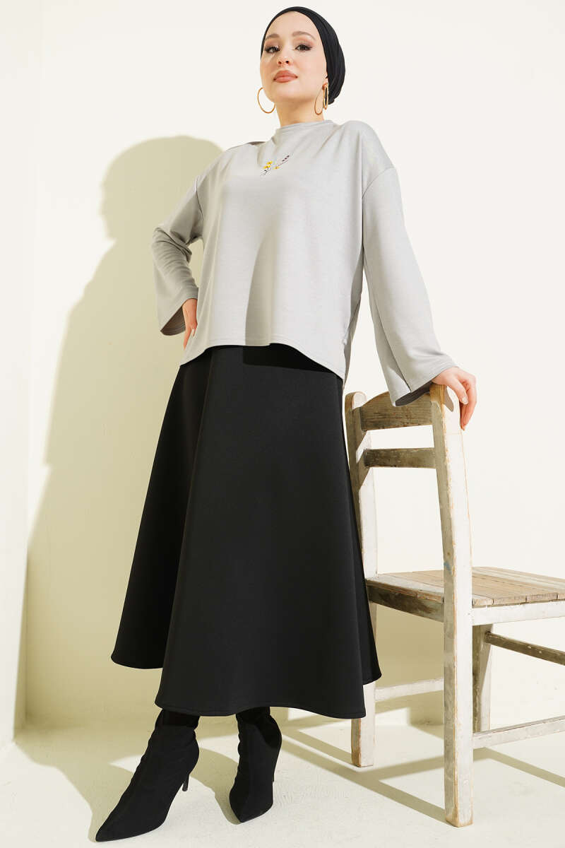 Floral Embroidered Jersey Blouse - Grey