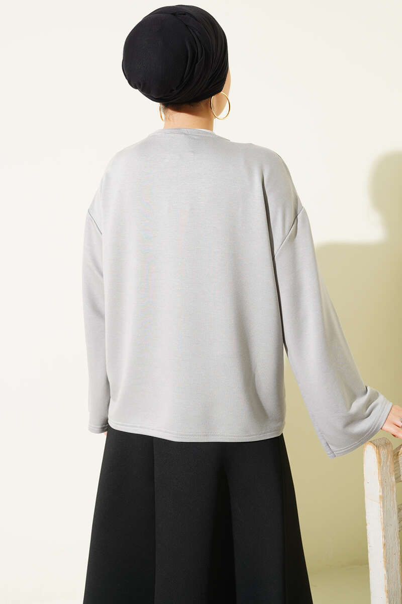Floral Embroidered Jersey Blouse - Grey