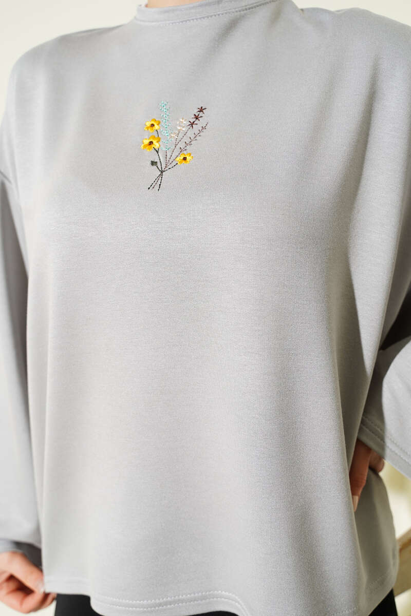 Floral Embroidered Jersey Blouse - Grey