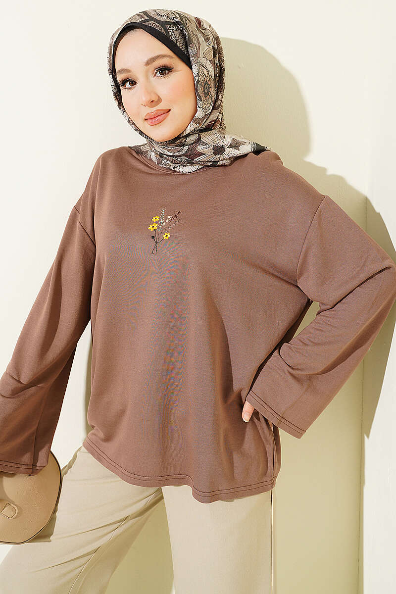 Floral Embroidered Jersey Blouse - Chestnut