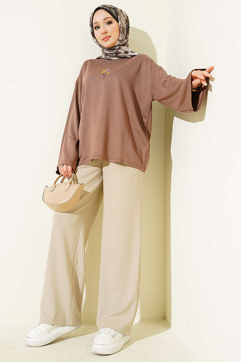 Floral Embroidered Jersey Blouse - Chestnut