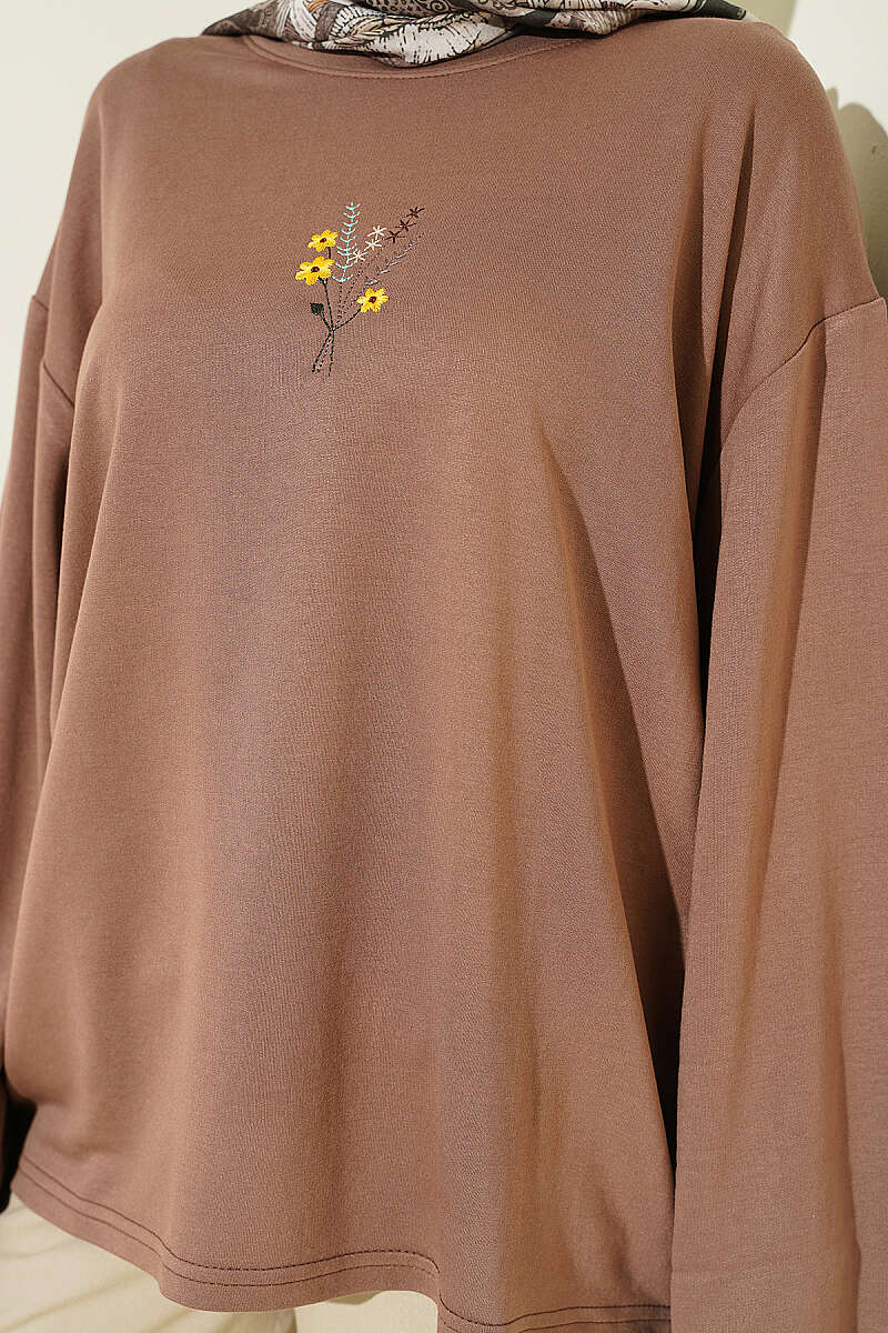 Floral Embroidered Jersey Blouse - Chestnut