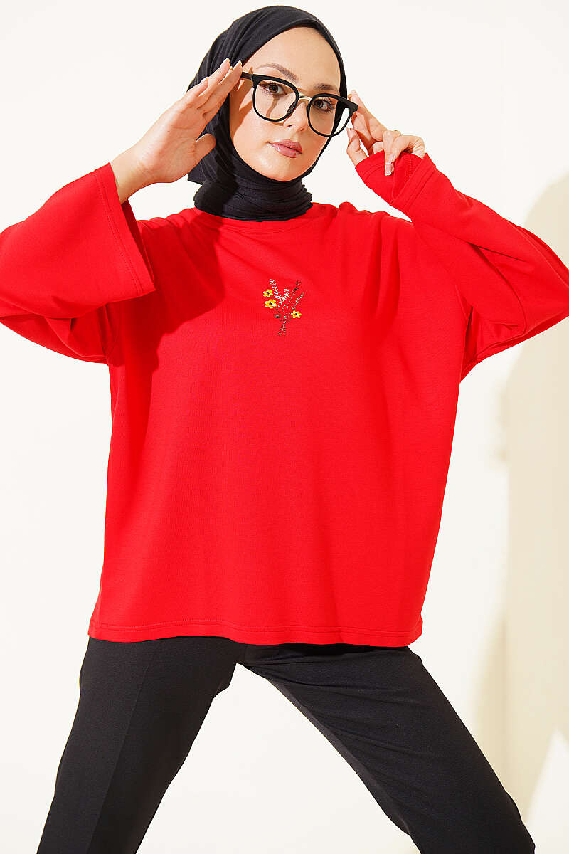 Floral Embroidered Jersey Blouse - Red