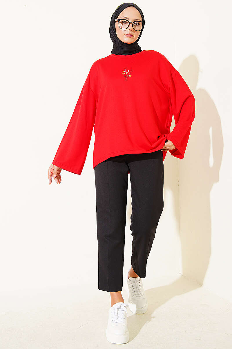 Floral Embroidered Jersey Blouse - Red