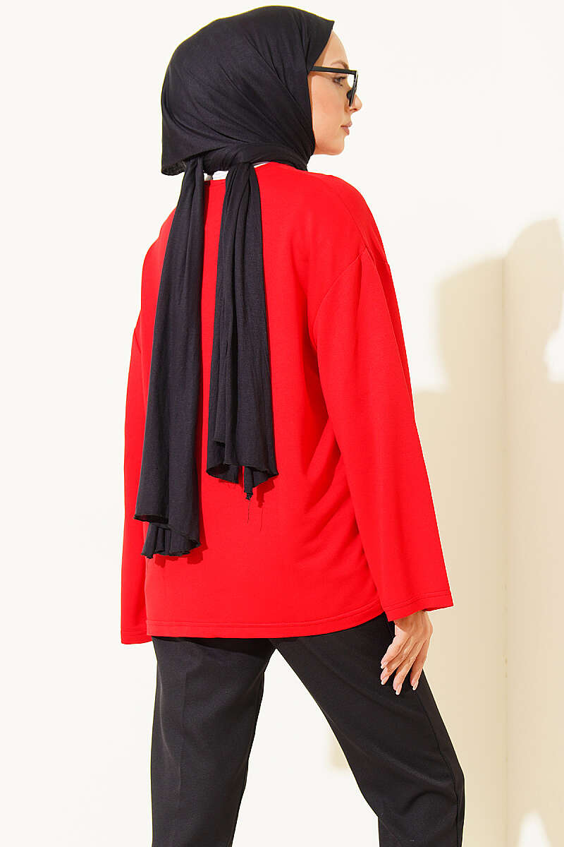 Floral Embroidered Jersey Blouse - Red