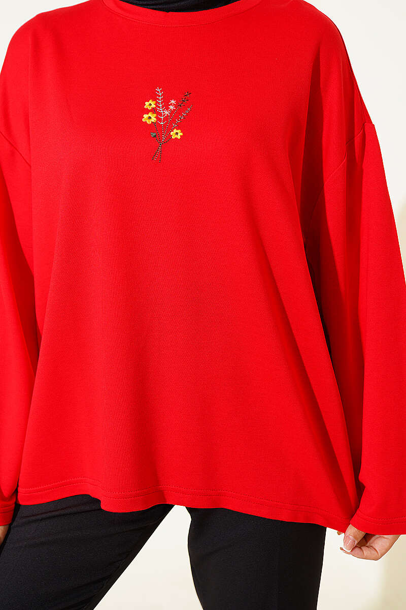Floral Embroidered Jersey Blouse - Red