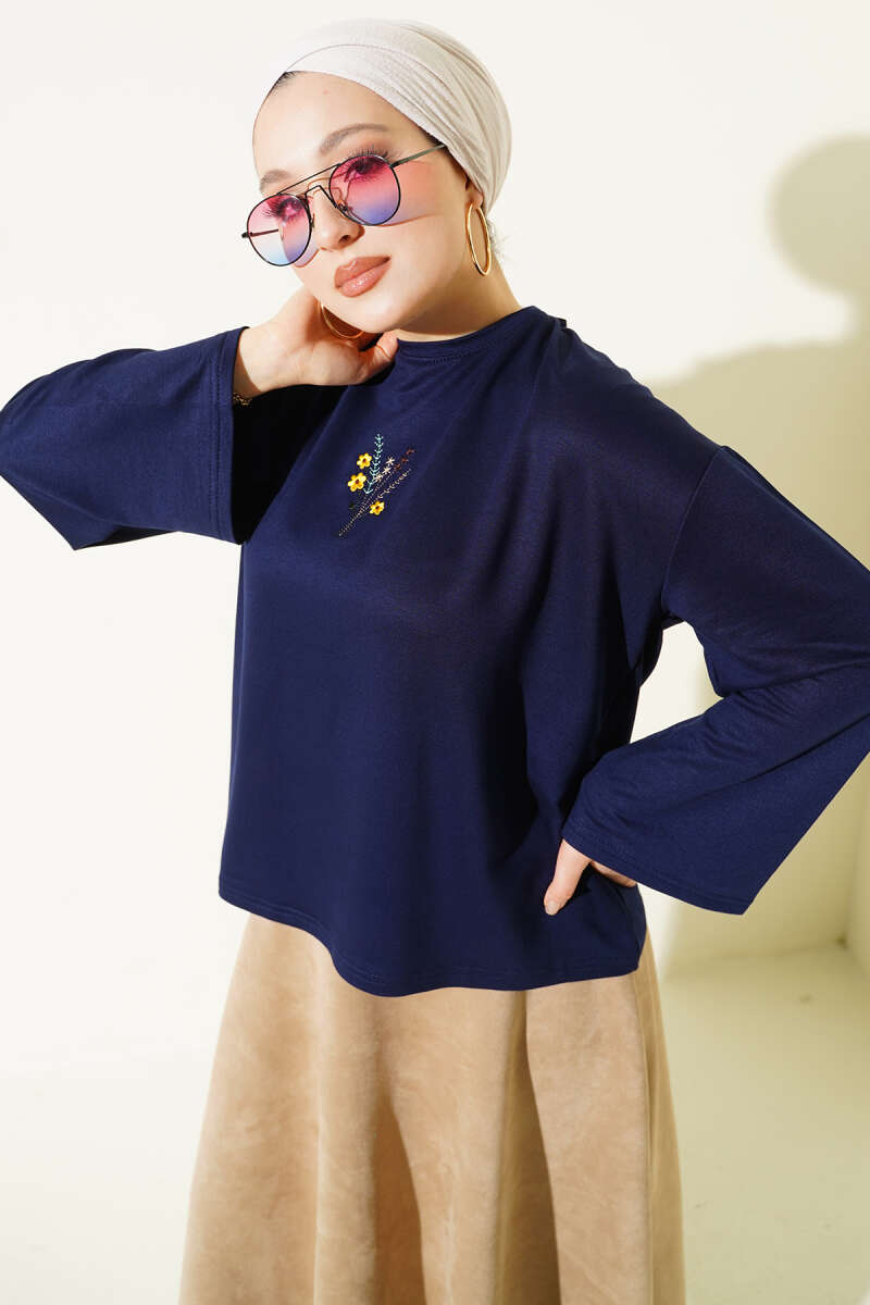 Floral Embroidered Jersey Blouse - Navy