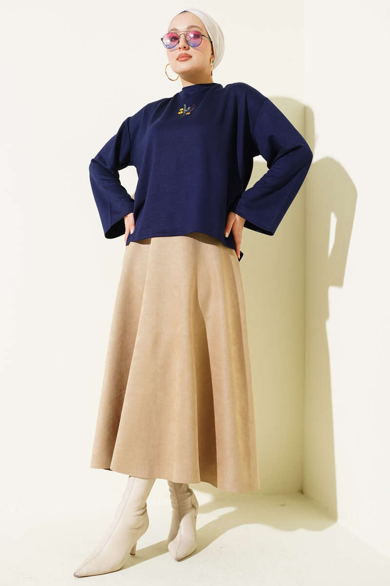 Floral Embroidered Jersey Blouse - Navy