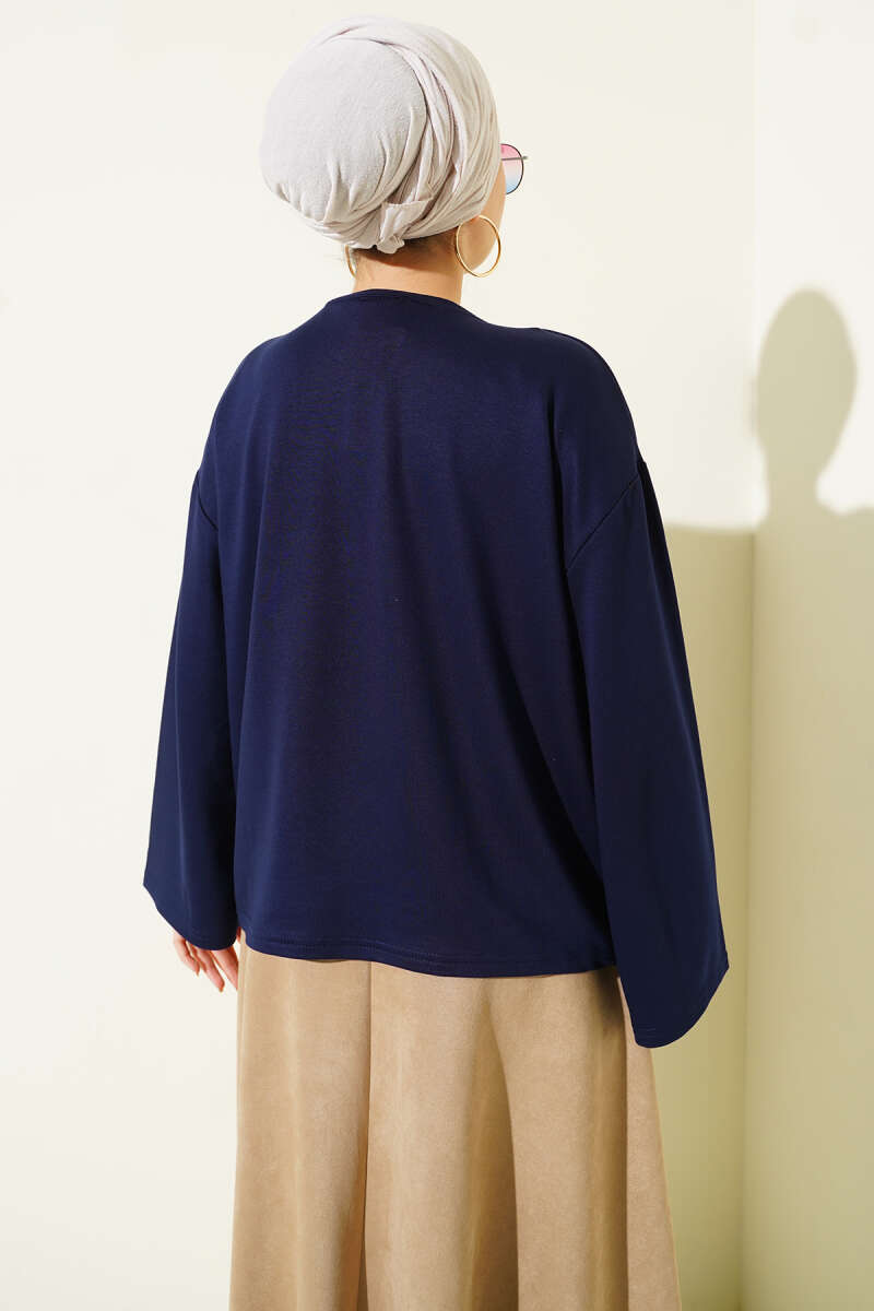Floral Embroidered Jersey Blouse - Navy
