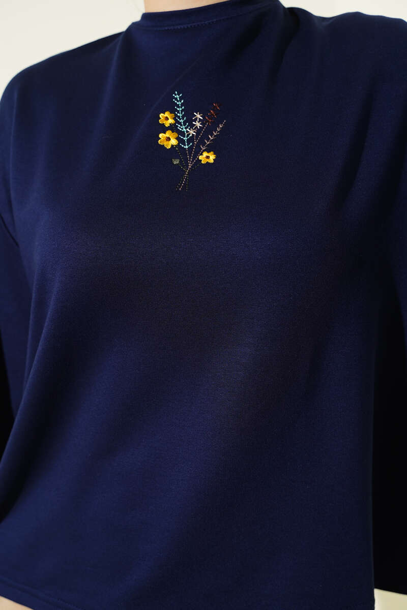 Floral Embroidered Jersey Blouse - Navy