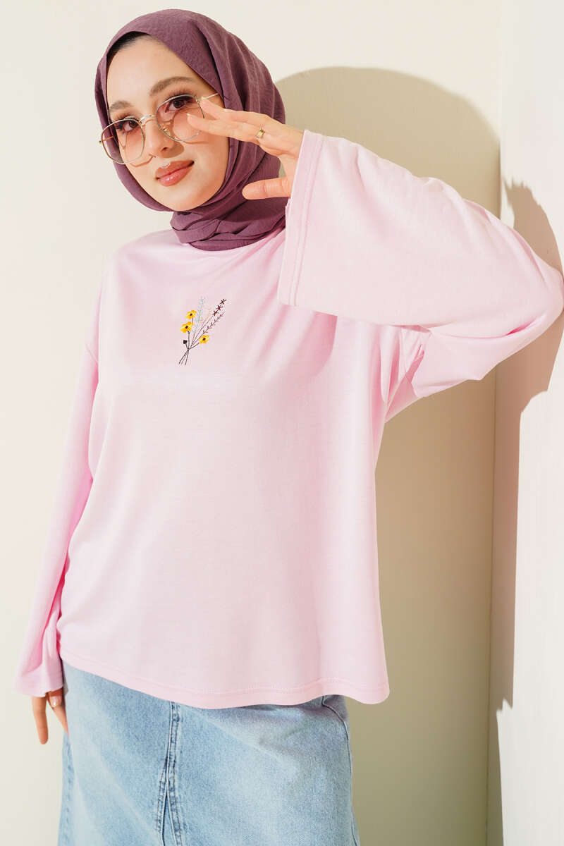Floral Embroidered Jersey Blouse - Pink