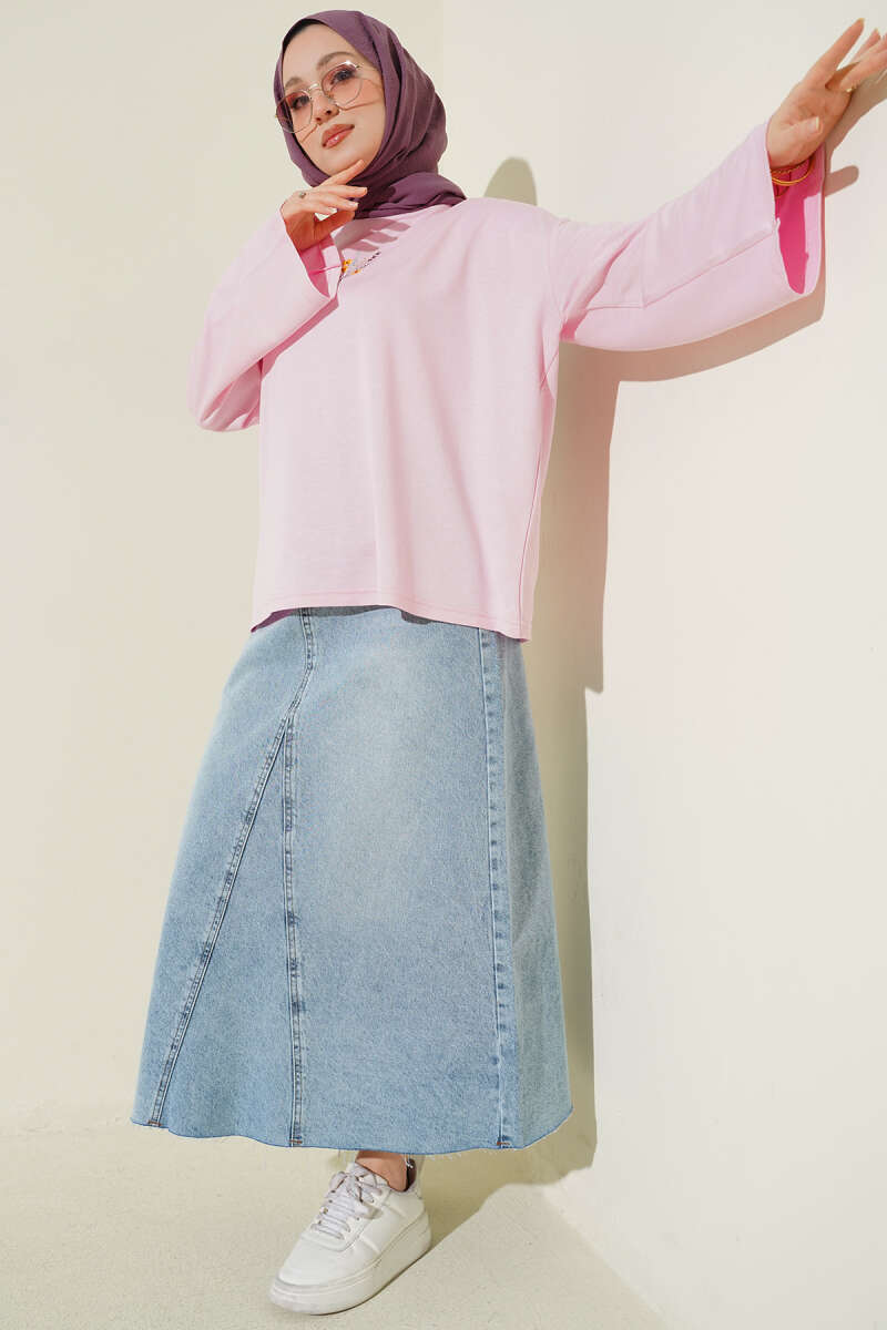 Floral Embroidered Jersey Blouse - Pink