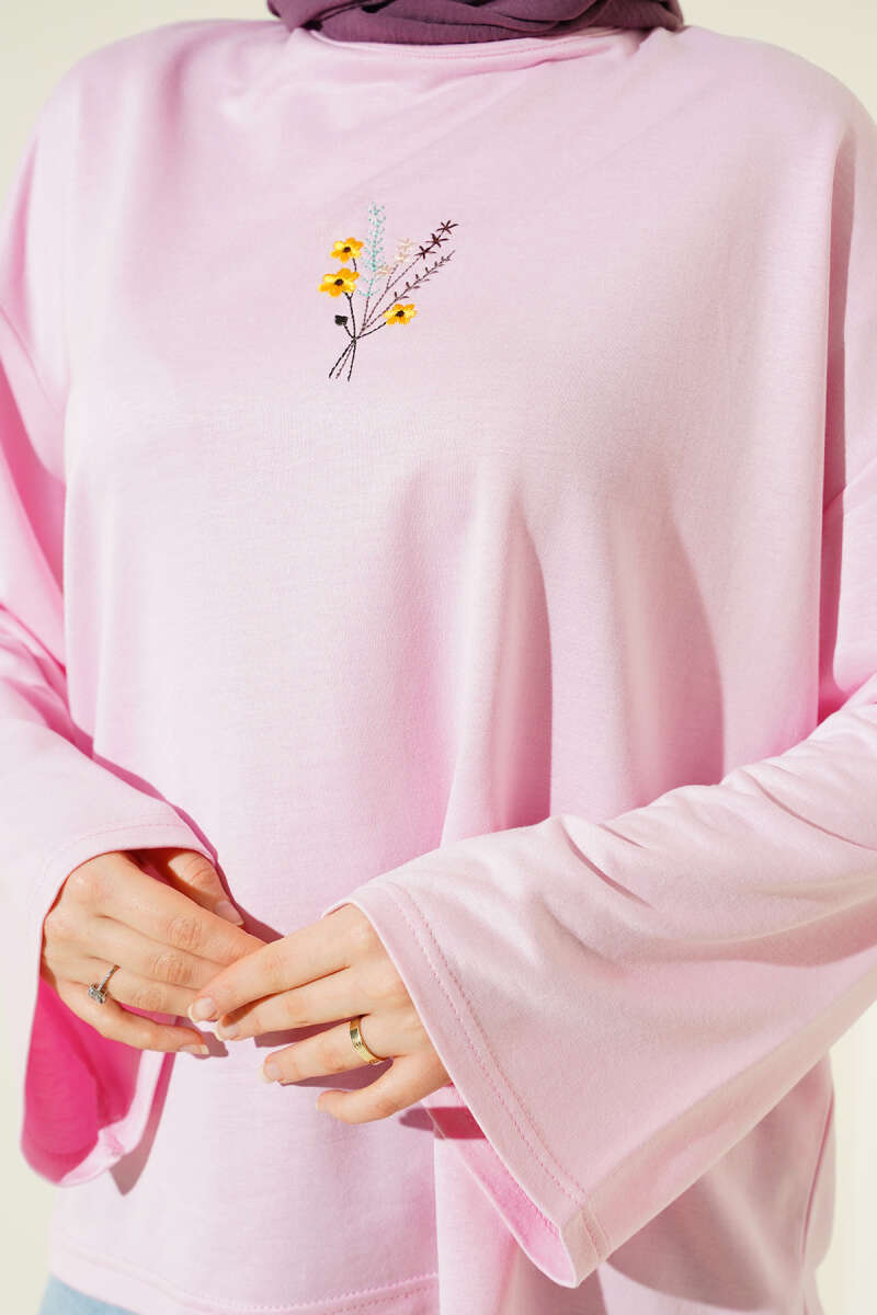 Floral Embroidered Jersey Blouse - Pink