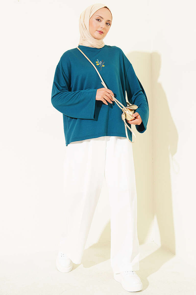 Floral Embroidered Jersey Blouse - Teal