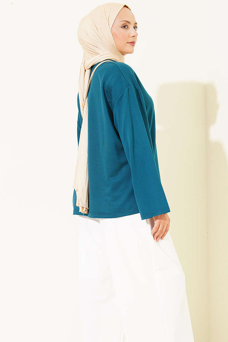 Floral Embroidered Jersey Blouse - Teal