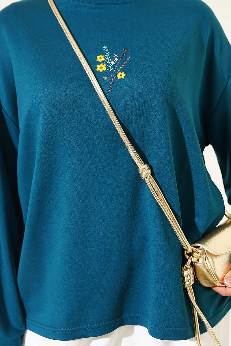 Floral Embroidered Jersey Blouse - Teal