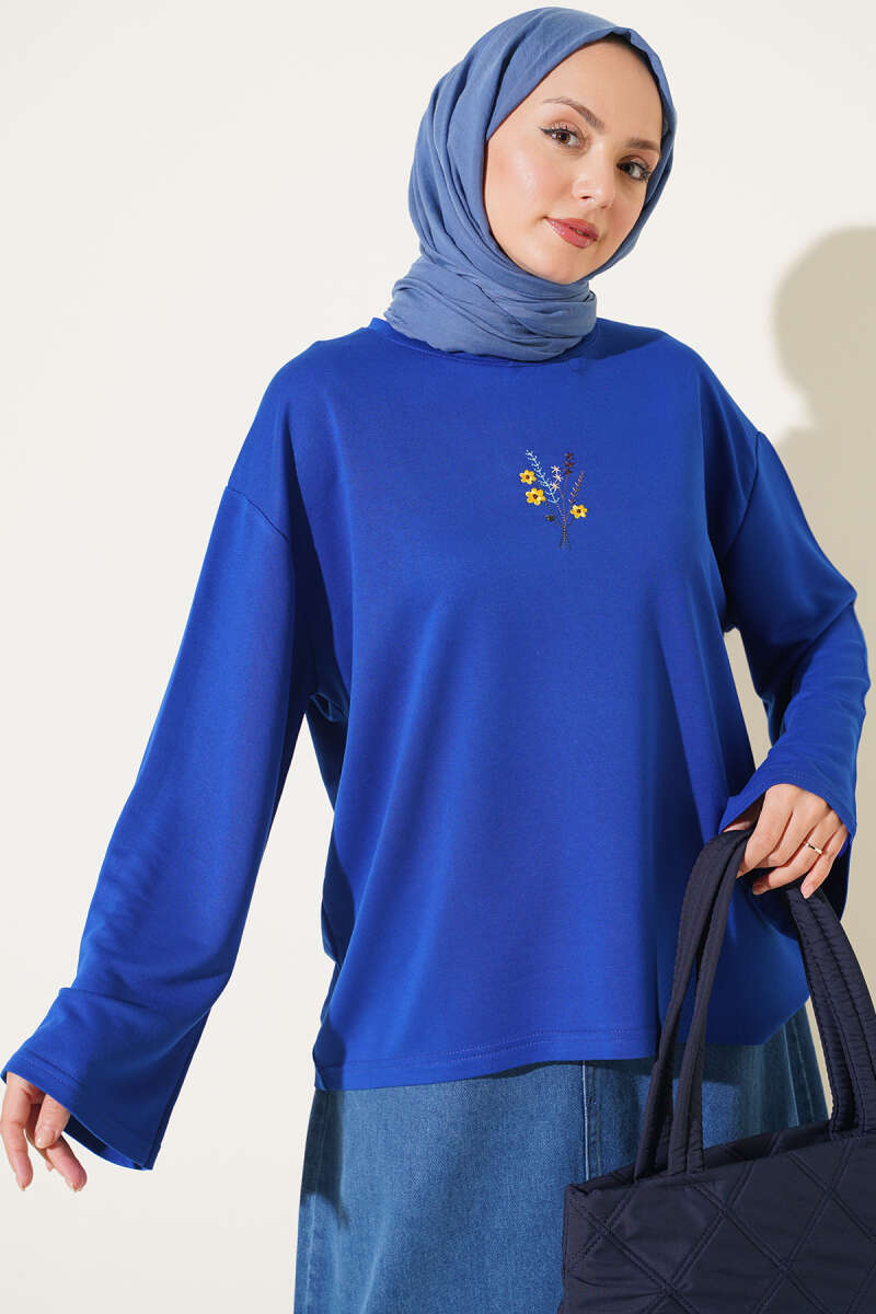 Floral Embroidered Jersey Blouse - Saxe Blue