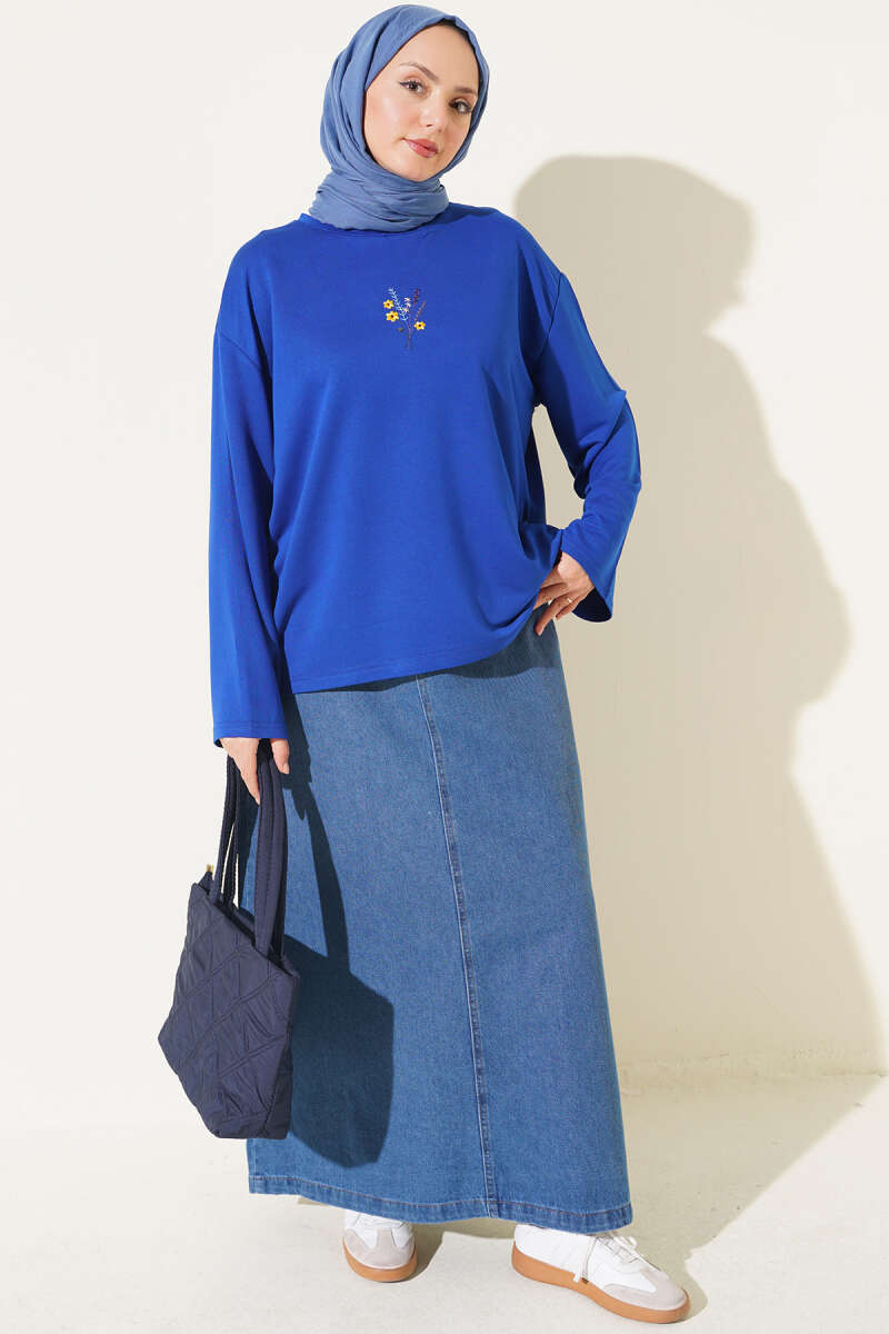 Floral Embroidered Jersey Blouse - Saxe Blue