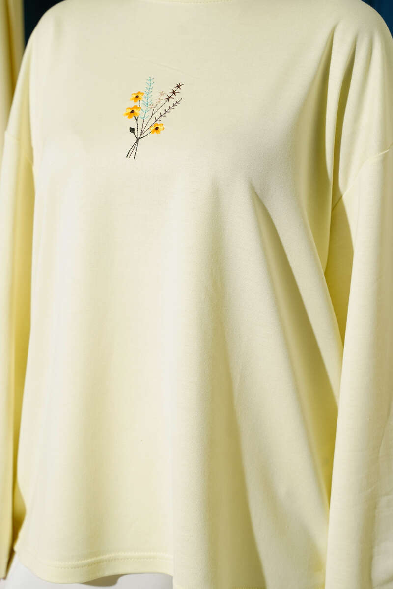 Floral Embroidered Jersey Blouse - Yellow