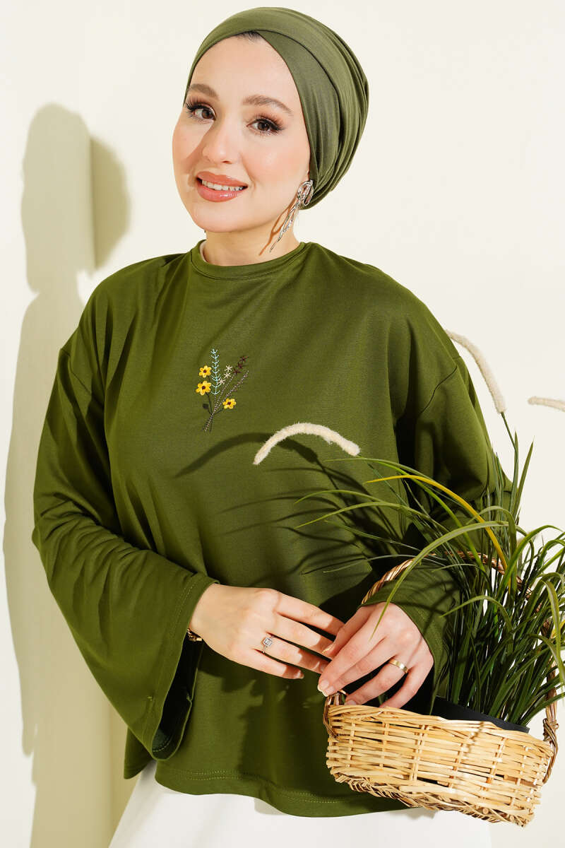 Floral Embroidered Jersey Blouse - Green